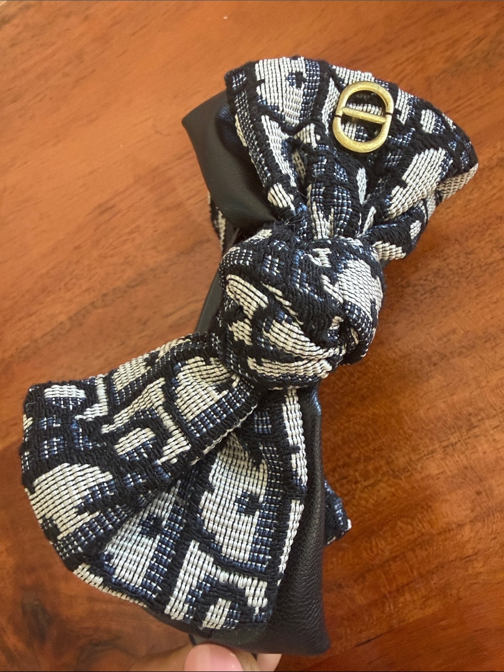 Upcycled CD Monogram Bow Hair Clip in Black and Cream